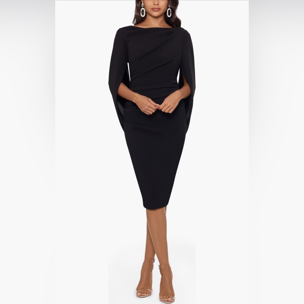 Black Cape Sleeve Crepe Sheath Dress